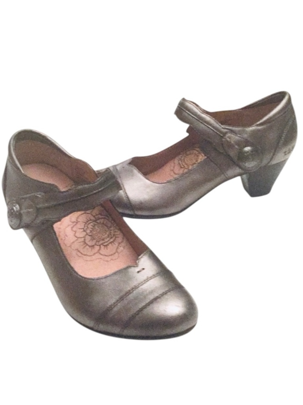 Taos Angel Leather Mary Jane Metallic Pewter Gray Comfort Kitten Heels Size-9